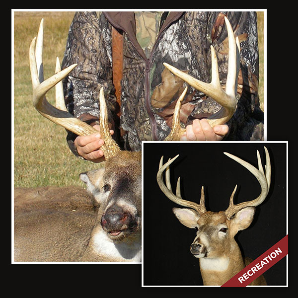 A person in camouflage holds the antlers of a large deer lying on the ground. Inset: A mounted deer head with large antlers, labeled “RECREATION” in red at the bottom.