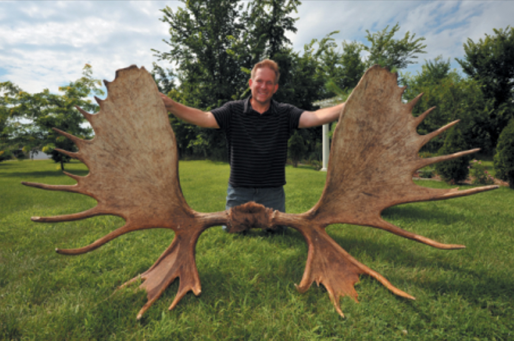 A man in a black shirt kneels on grass, smiling and holding up an enormous set of moose antlers spread wide in front of him, with trees and blue sky in the background.