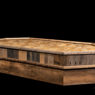 A Life-Size Taxidermy Pedestal featuring a rustic octagonal design crafted from reclaimed wood in varying shades is displayed against a solid black background.